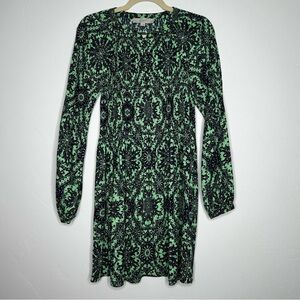 NWT LOFT Green Navy Long Sleeve Dress Knee Length Plisse Pleat Puff Sleeve Small